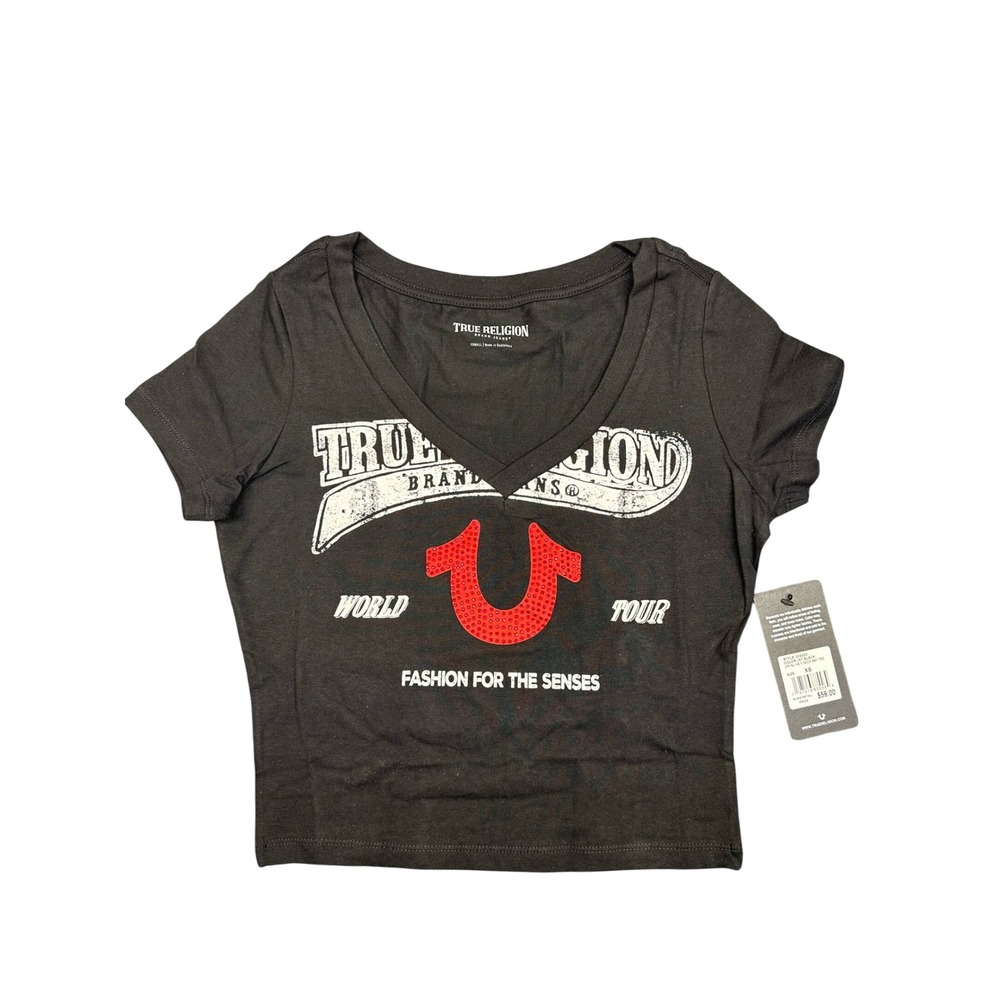 True Religion Womens Crystal Horseshoe World Tour V-Neck Baby Tee Black XS NEW
